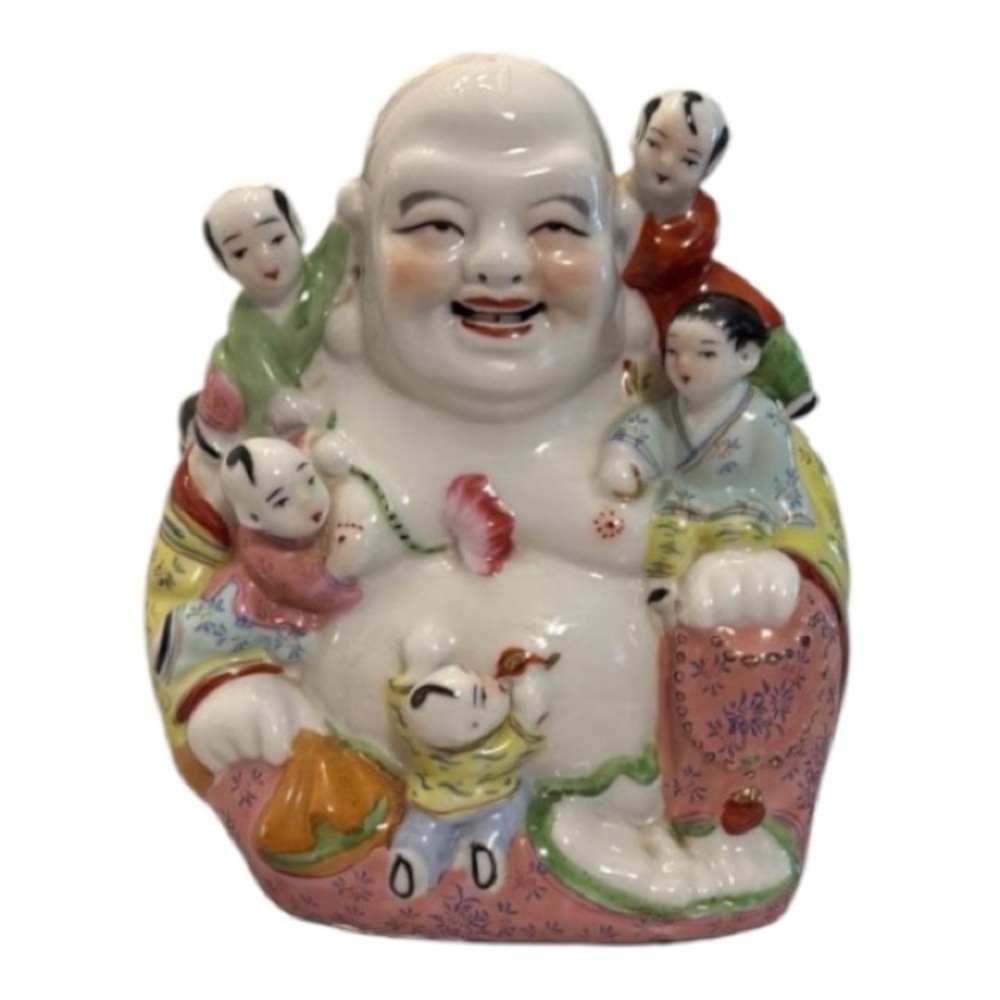 Laughing Buddha With Children Figurine Colorful Bohemian Vintage Porcelain
